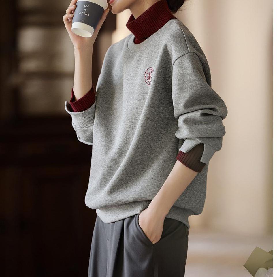 Контрастная вышитая водолазка-толстовка Весна Новый стиль Контрастная вышитая толстовка