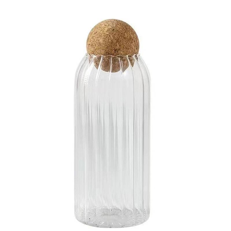 500-1300ml Glass Stripe Sealed Storage Tank with Cork Stopper Kitchen Storage Box Coffee Beans Nuts Candy Food Spices Container