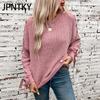 JPNTKY Women's Fashion Casual Solid Color Print Autumn Winter Long Sleeve O-Neck Loose Sweaters