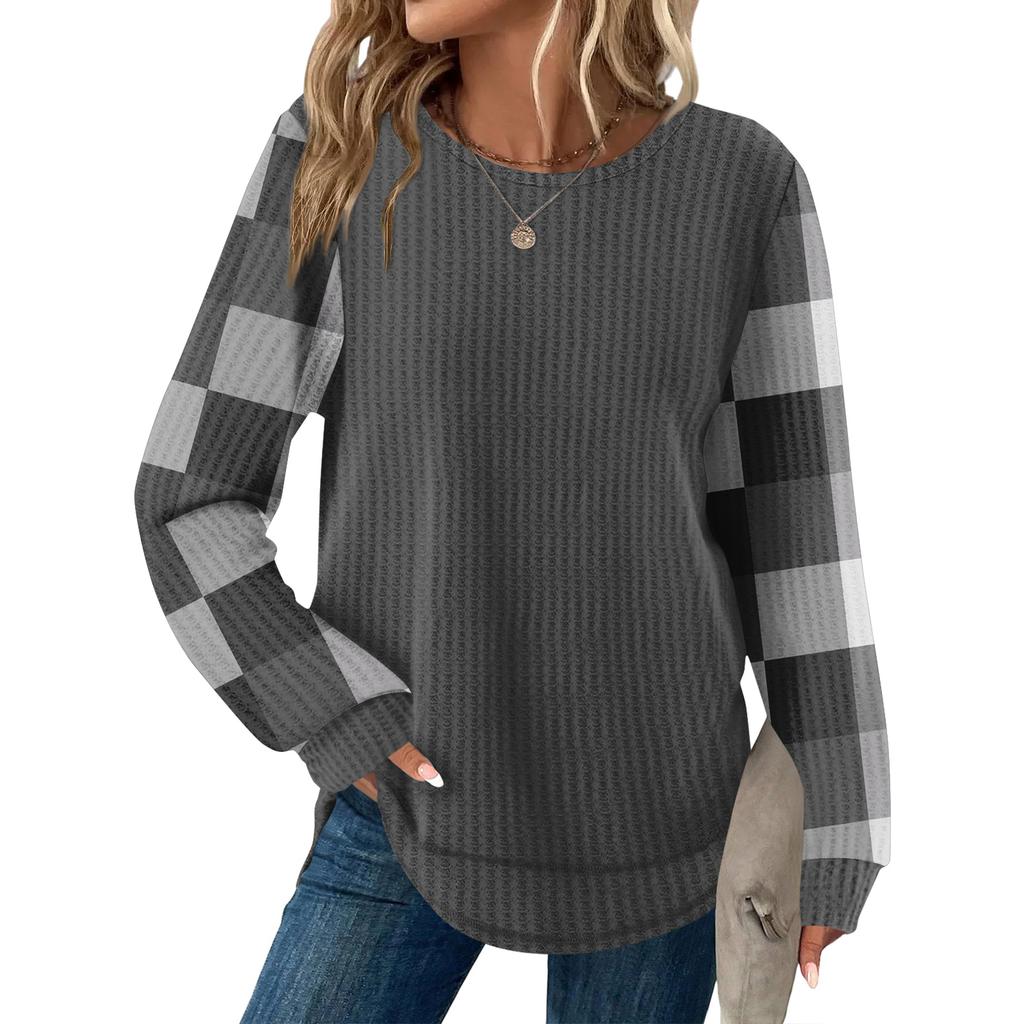 Женский повседневный топ свободного кроя с круглым вырезом и длинными рукавами в клетку