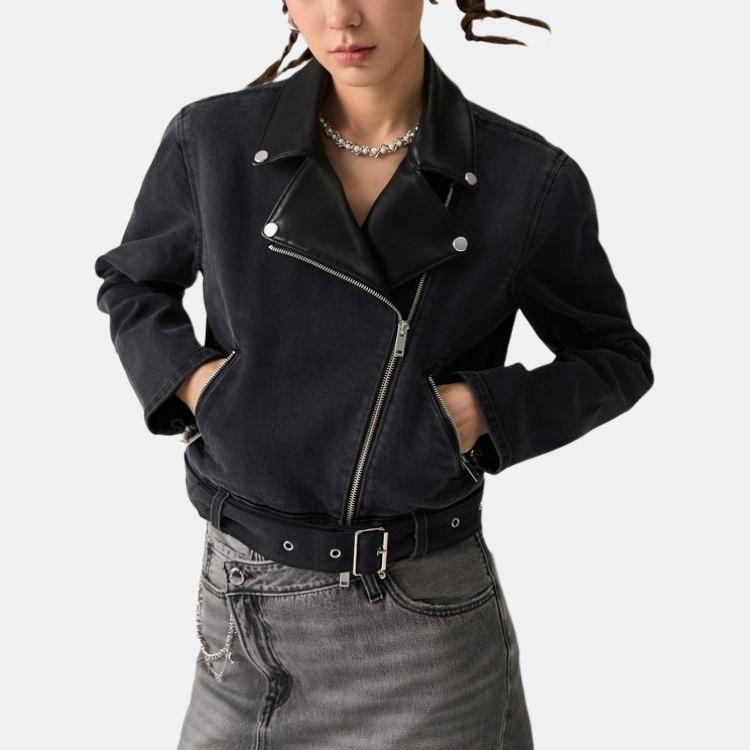 Levis Удобная Однотонная Приталенная Джинсовая Куртка с Воротником из Искусственной Кожи и Длинными Рукавами Женские куртки Черный 002YK-0000