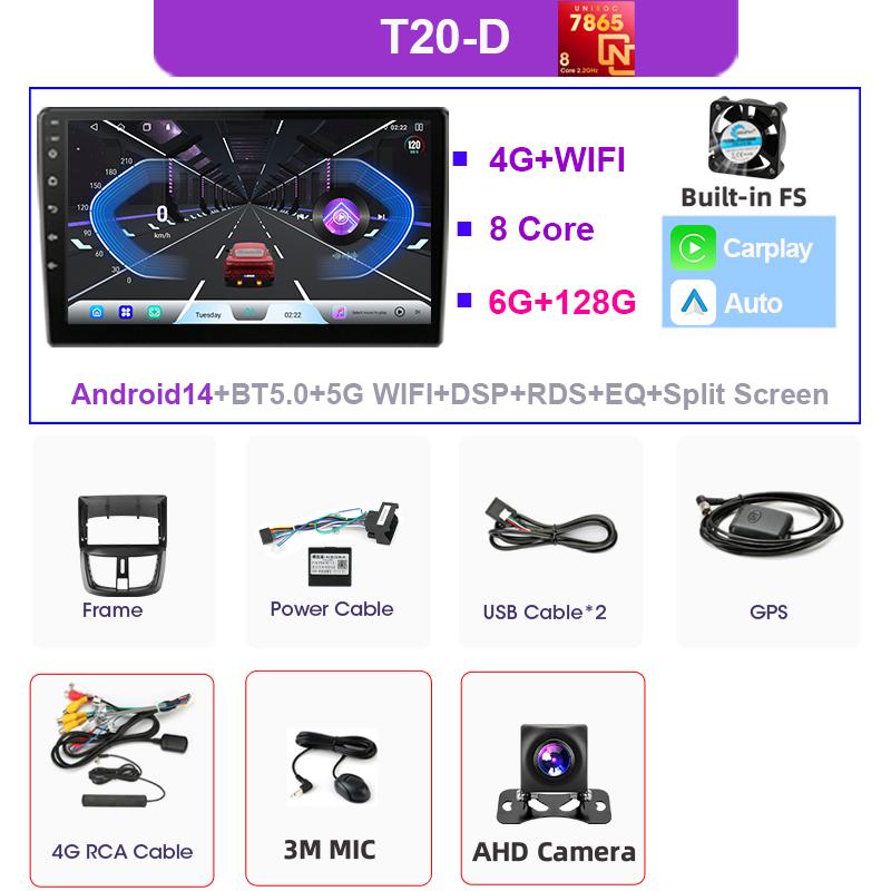 Srnubi Android14 UIS7865 Carplay & Android Auto Car Radio For PEUGEOT 207 207CC 2006-2015 4G WiFi BT DVR GPS Multimedia Stereo