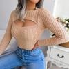 Женский осенне-зимний свитер с длинными рукавами и вырезами, однотонные тонкие универсальные вязаные топы