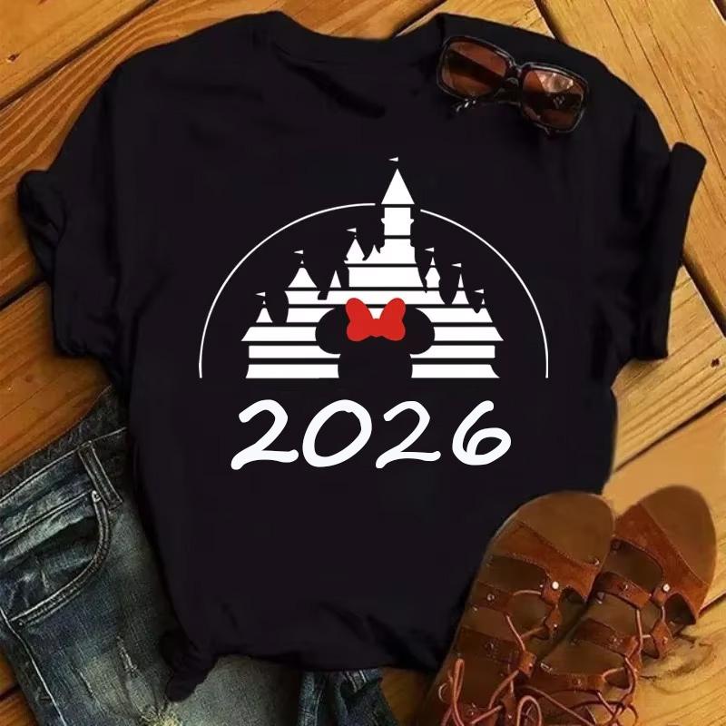 Футболка с графическим принтом «Дисней Карикатура 2026 Поездка» Летняя Женская Повседневная с коротким рукавом Топы Футболки Модная одежда Харадзюку Футболка