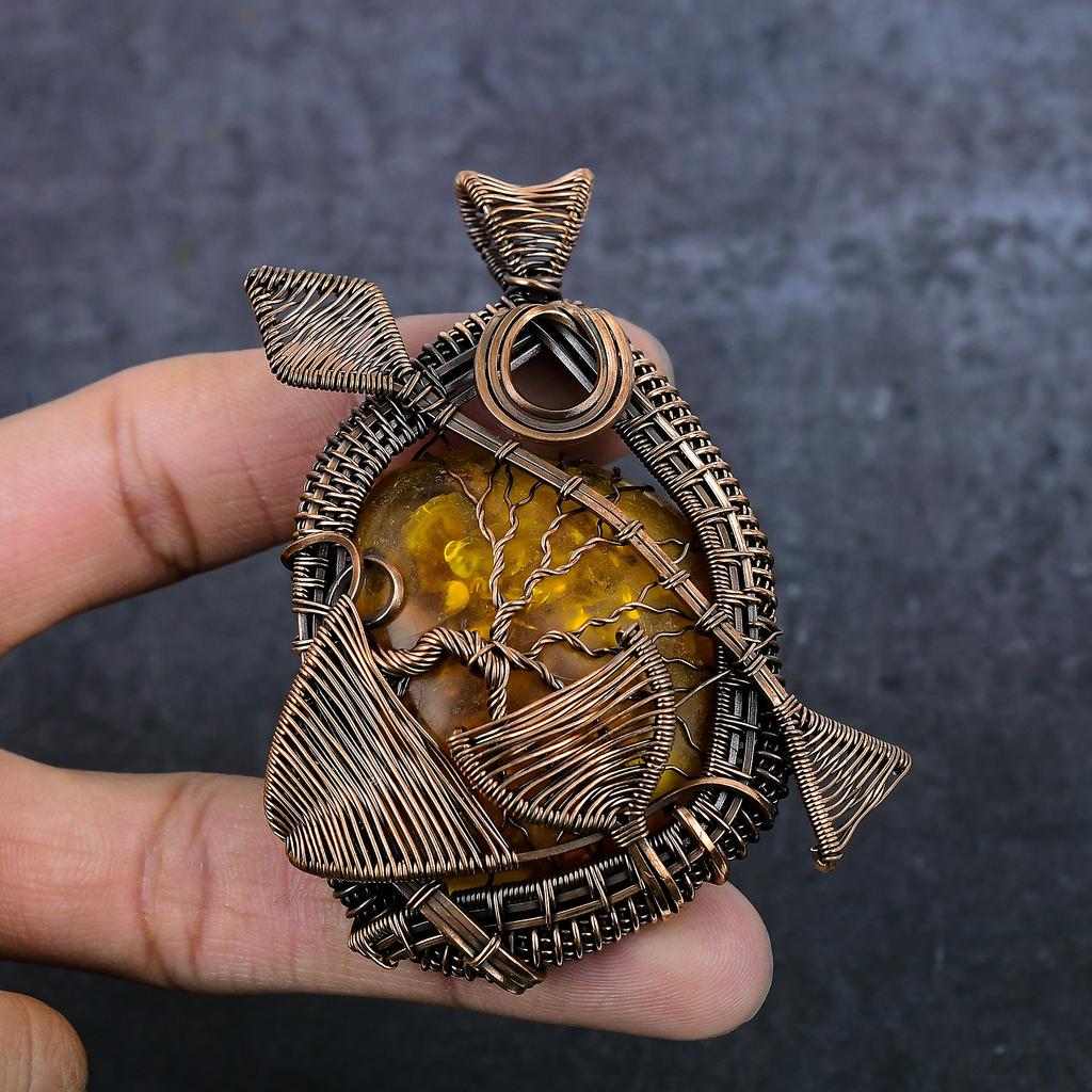 Natural Baltic Amber Gemstone Copper Wire Wrap Jewelry Pendant 3.35" U1B36