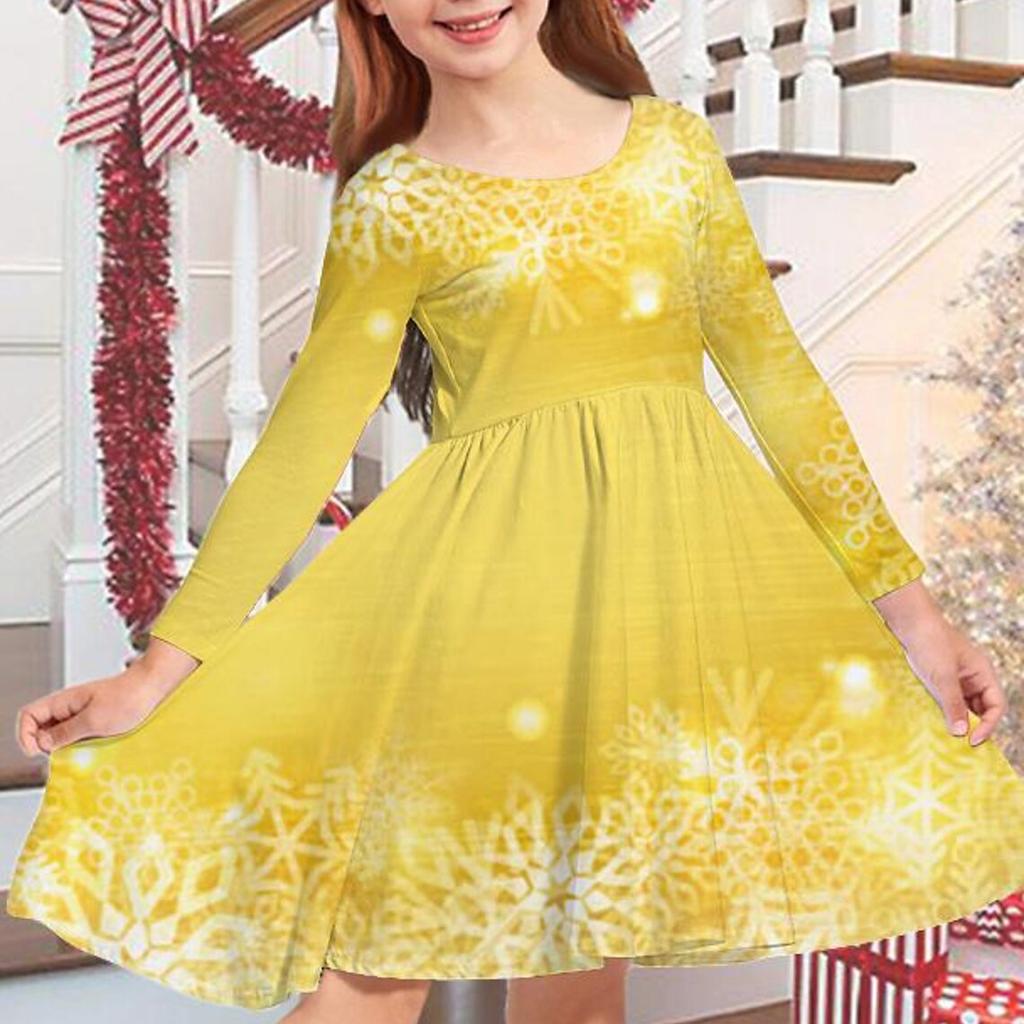 Весеннее повседневное платье принцессы с объемным синим нотом для девочек и принтом снежинок, круглым вырезом и длинными рукавами, детское платье принцессы на Рождество