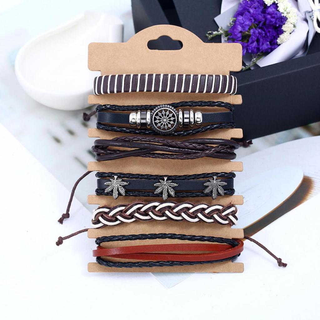 6шт ретро мужские искусственная кожа хип поп-панк череп лист оплетка браслет наручные украшения