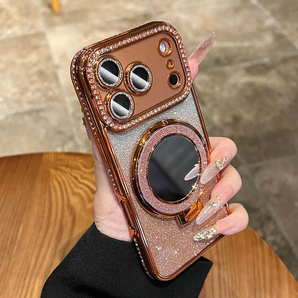 Gradient Glitter For Magsafe Magnetic Mirror Stand Holder Case For iPhone 13 14 15 16 17 Pro Max Bling Diamond Shockproof Cover
