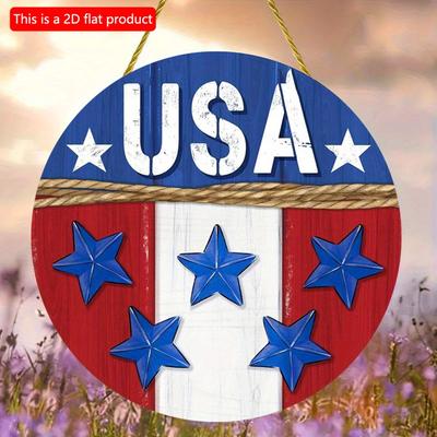 2D Плоский 20см 1шт Тема флага и звезд США Круглый деревянный праздничный подвес, Празднование Дня независимости Тема Потрясающий цвет национального флага подарок друзьям