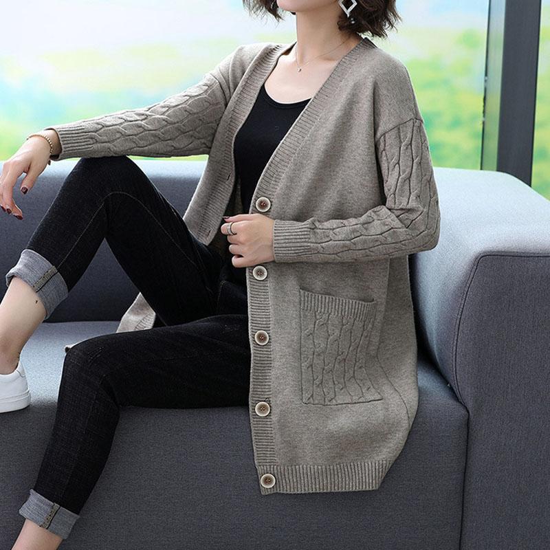 Женский винтажный вязаный кардиган, тонкий свитер с V-образным вырезом, однобортный тонкий свитер, повседневный трикотаж, свободная верхняя одежда для поездок на работу, осень
