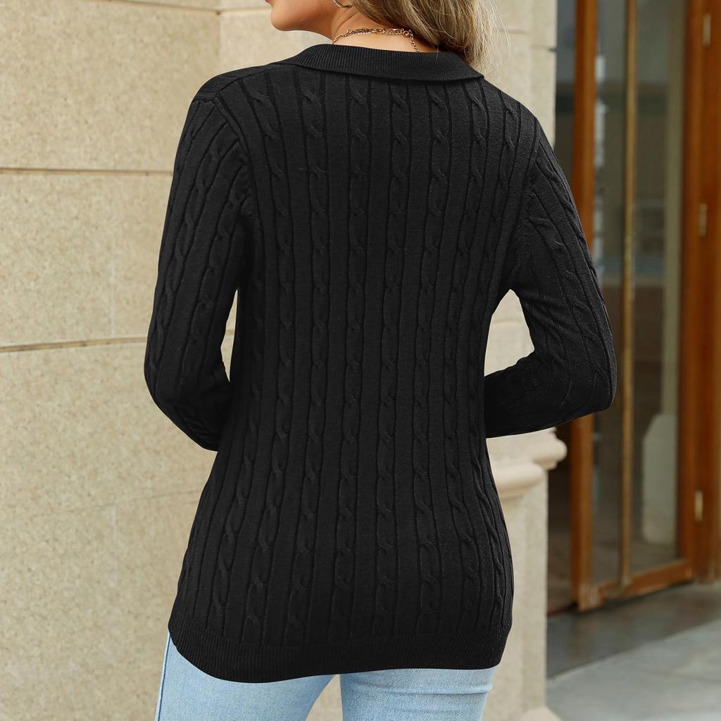 Women's Lapel Casual Soft Sweater Cable Knit Pullover