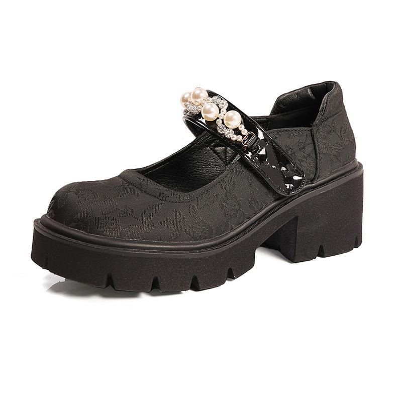 New Single Shoes Autumn French Style Skirt Mary Jane Shoes Pearl Chinese Style with Small Leather Shoes Women's Platform Evening