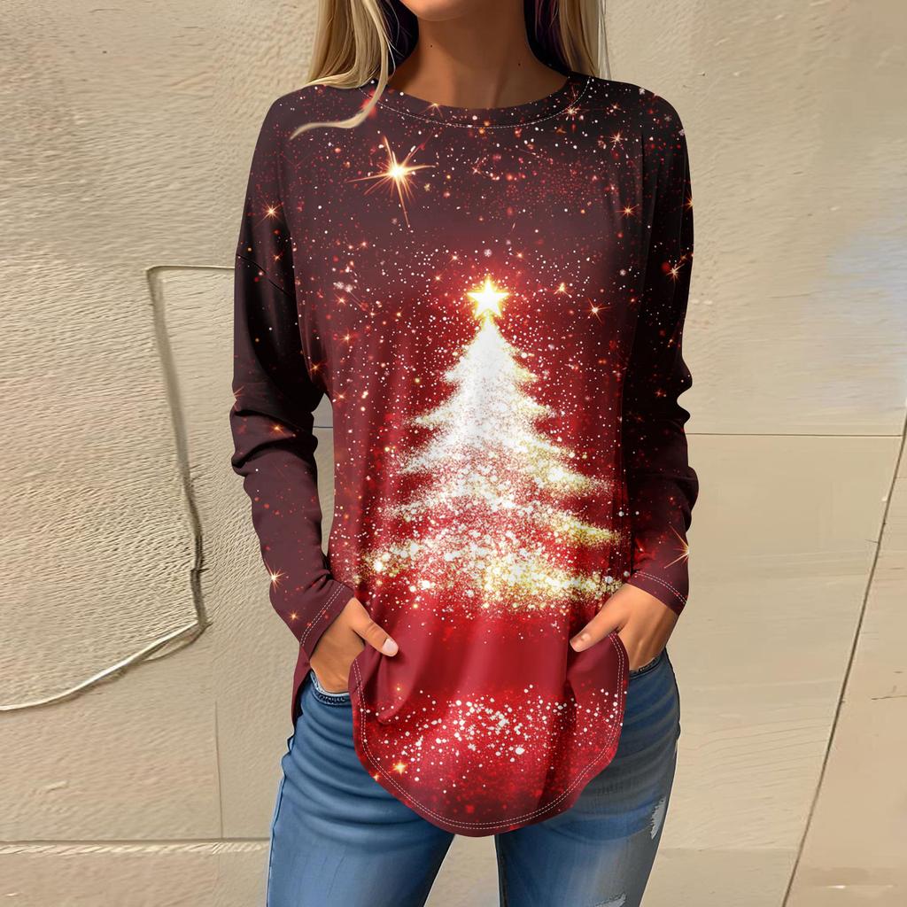 Футболки для женщин, осенние повседневные рубашки с длинными рукавами, толстовка с ретро-принтом, топ для рождественской вечеринки, пуловер