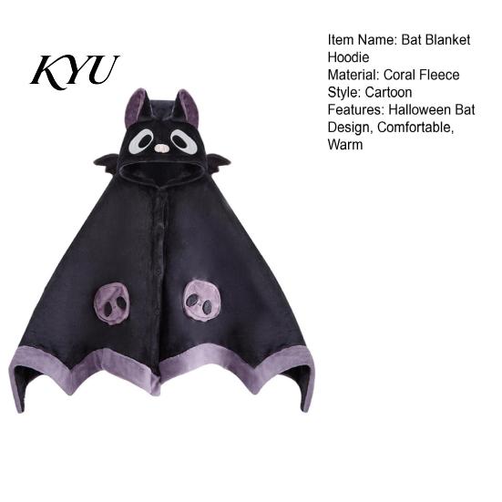 Warm Fleece Loungewear Halloween Bat Blanket Hoodie, Plush Wearable Hooded Cartoon Costume Cape, Oversized Sleepwear for Women Animal Cape