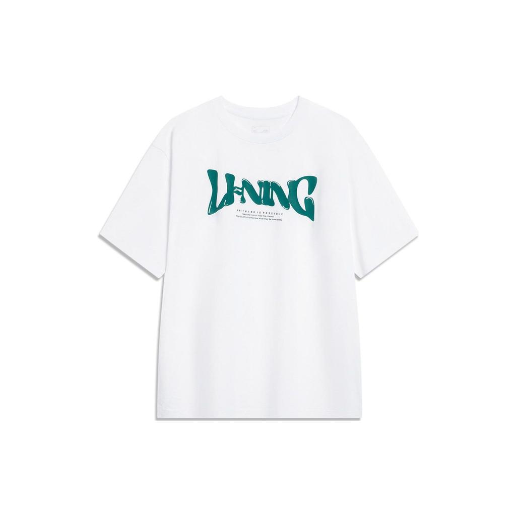 Li Ning Sports Fashion Series Logo Letter Print Round Neck Drop Shoulder Loose Comfortable Short Sleeve T Shirt Men T Shirt Standard-White AHSU747-2