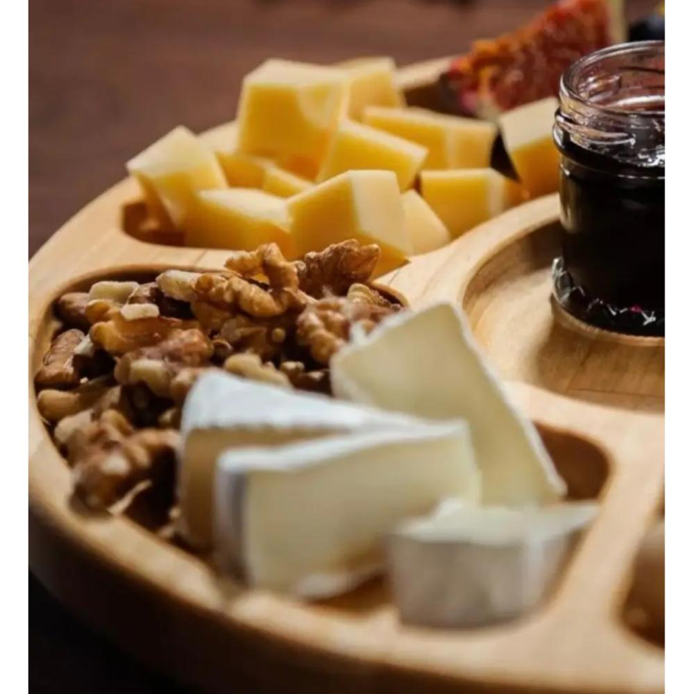 Bamboo rotating serving board for serving snacks, cheeses, cold cuts, rotating