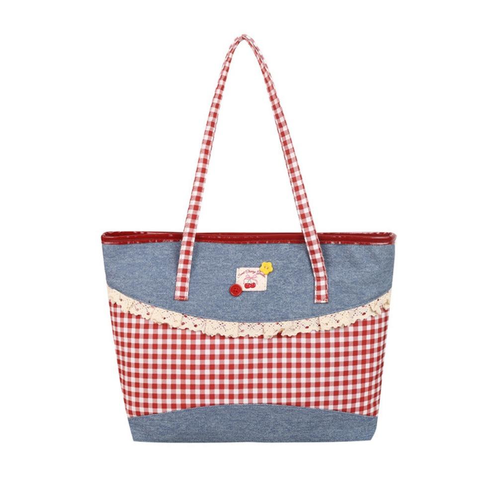 Rural Style Lace Bow Shoulder Bag Lattice Commuting Tote Bag Portable Denim Plaid Handbag  Women