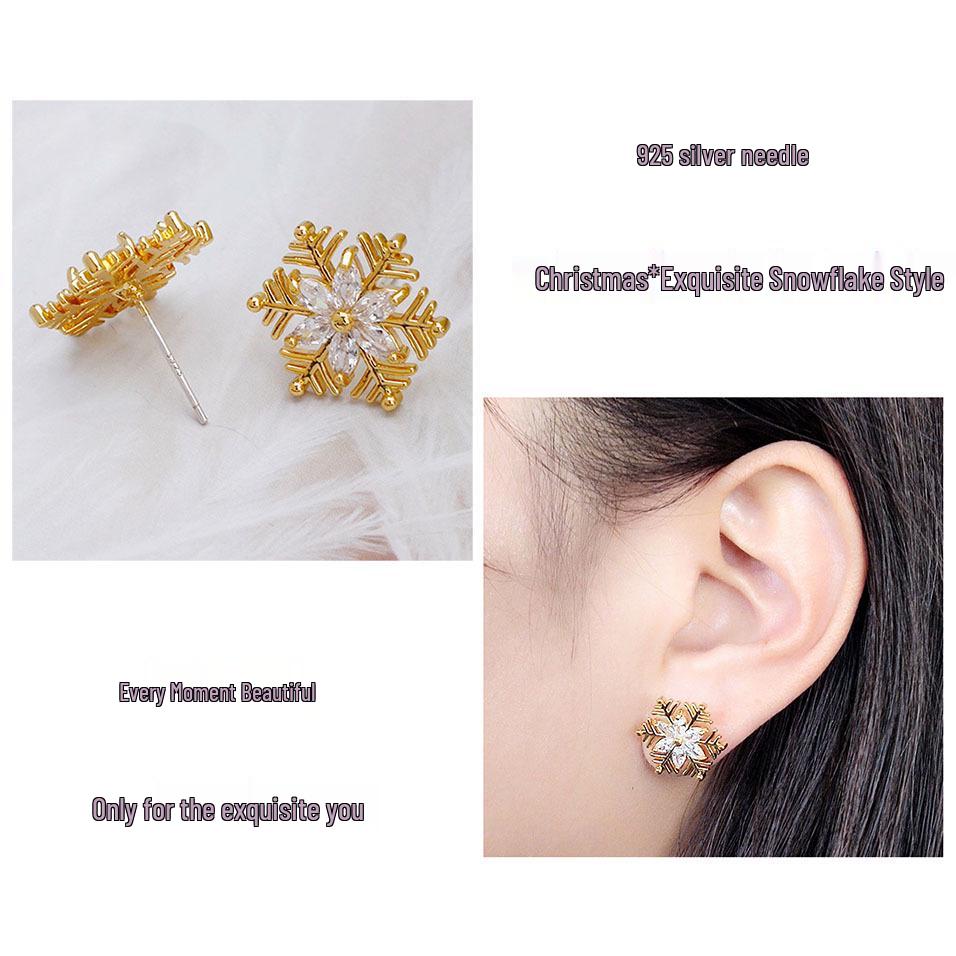 18k Gold-Plated S925 Silver Needle Zircon Snowflake Earrings for Women
