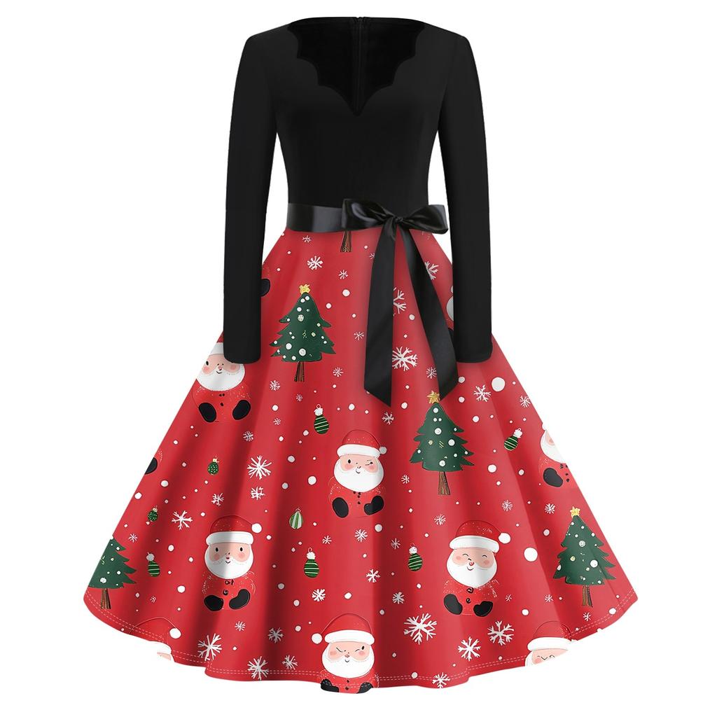 Christmas Print Flare Dress For Women Long Sleeve Dress Hollow Party Casual Dresses