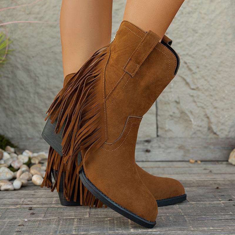 Ретро Бахрома Замшевые Вестерн Ковбойские Сапоги Женские 2025 Зима Сексуальный Острый Носок Высокий Каблук Ботильоны Женские Дизайнерские Короткие Ботильоны