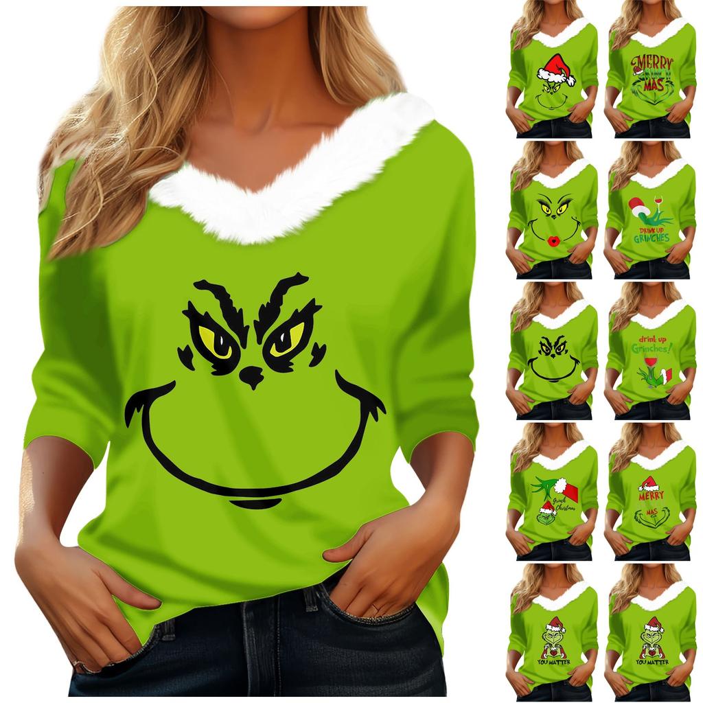 Women's T Shirt Tee Christmas Shirt Long Sleeve Party Christmas Fleece Collar V Neck  Top