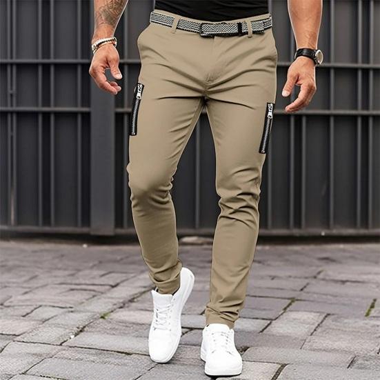 Men Pants Zipper Decor Solid Color Mid Waist Soft Breathable Zip Up Button Closure Pockets Slim Fit Casual Four Seasons Streetwear Jogger Pencil Pants