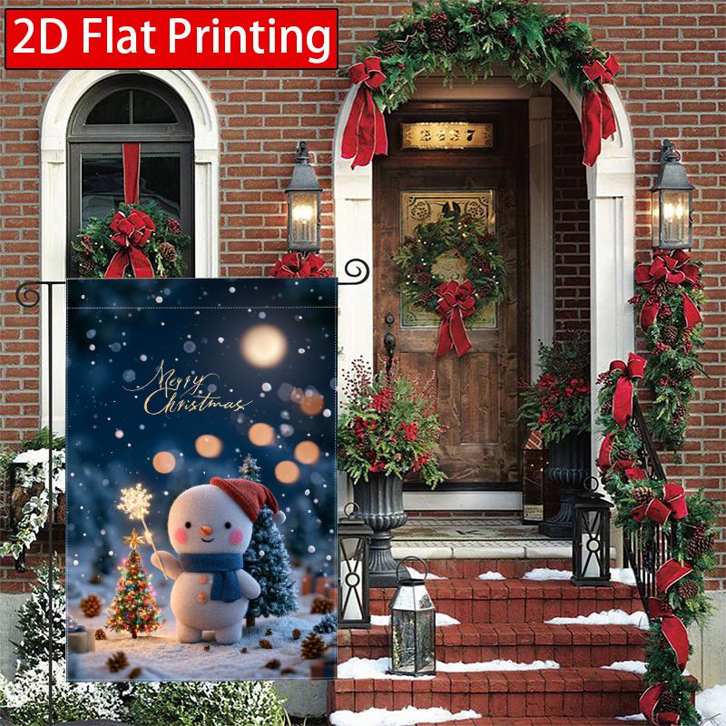 2D Flat - 2D Flat - 2D Flat, 1pc Cute Plush Snowman with Happy Expression, (7) Printing, Double-Sided Garden Flag, Family Courtyard Lawn Decoration, O