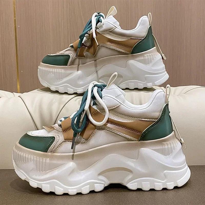 Весенняя мода Массивные кроссовки Женские шнуровка Платформа Теннисные туфли для женских Толстая подошва Дышащая спортивная обувь