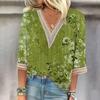 Женская рубашка, блузка, повседневные свободные рубашки, рукава 3/4, кружевные топы с v-образным вырезом и принтом, топы с принтом, футболки, футболки