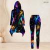 Women Plus Size Two Piece Set Hooded Long Sleeve High Low Top Colorful Printed Fitted Pants
