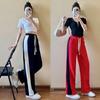 Summer New Women Drawstring Elastic High Waist Pocket Sports Loose Straight Pants