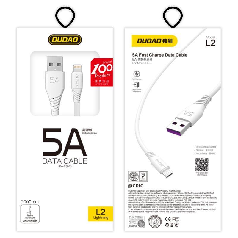 Dudao 5A USB to Lightning Cable, 2m, White - Fast Charging, Durable Design