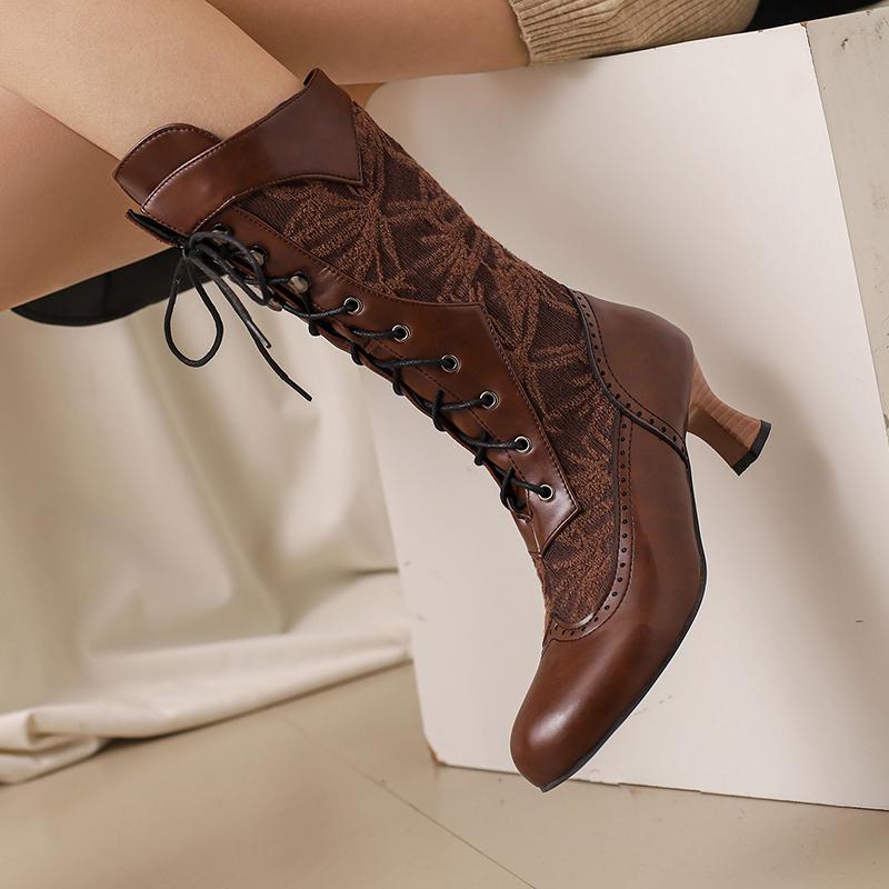 Женский костюм Косплей Обувь Ретро Ботинки до середины икры Выгоревшие Каблуки-рюмочки Передняя шнуровка Лоскутные ботинки