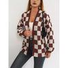 Женский вязаный кардиган колор-блок клетка свободный повседневный свитер пальто