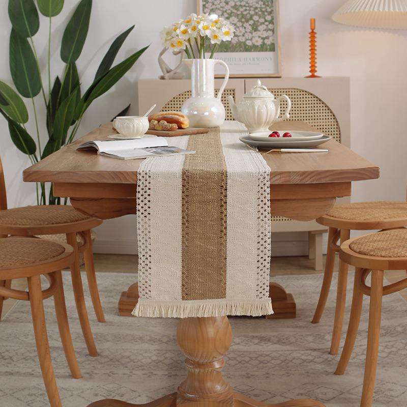 Vintage Cotton Linen Table Runner with Tassel Fringe – Light Luxury for Coffee Tables, Dining Tables, TV Stands, Chests, Shoe Cabinets, or Sideboards.