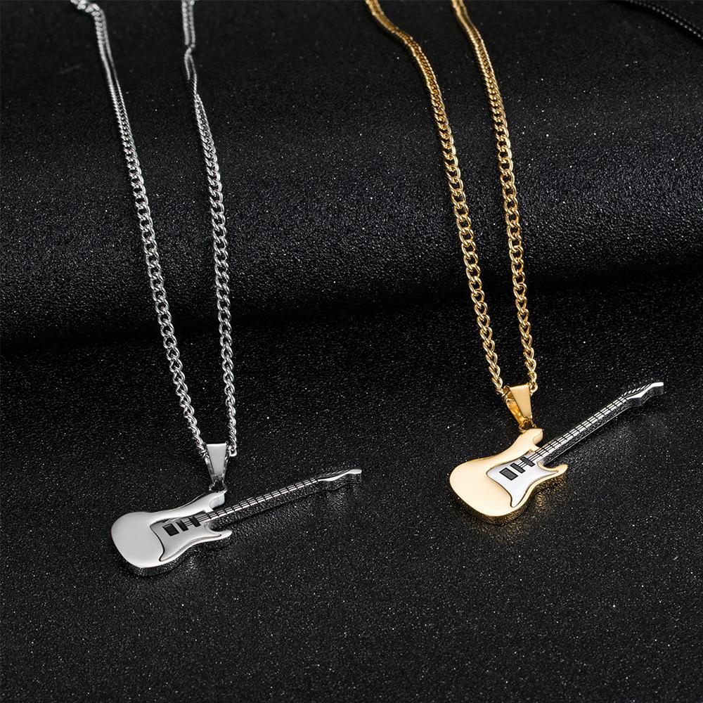 European and American Titanium Steel Guitar Pendant Mens Metal Instrument Necklace