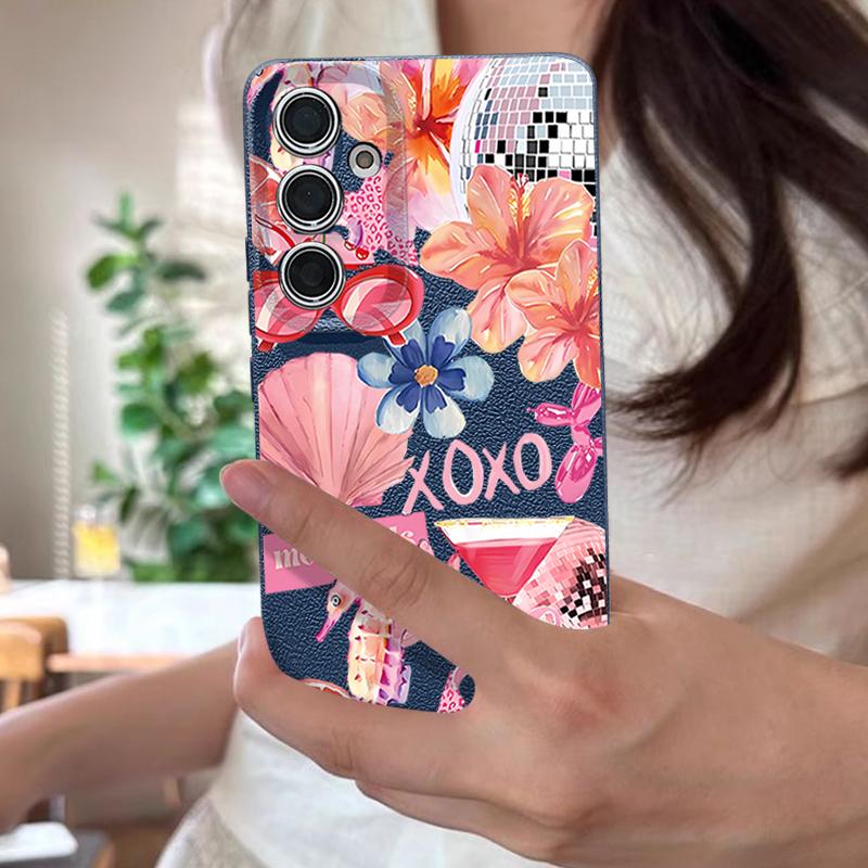Розовый Чехол с Мультяшным Цветочным Рисунком для Samsung Galaxy A57 A56 A55 A54 5G A37 A36 A35 A34 A17 A16 A15 A14 Силиконовый Чехол с Текстурой Кожи
