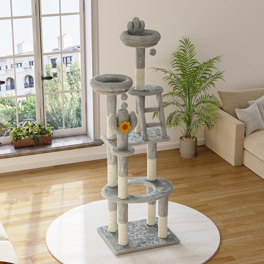 72" Tall Cactus Cat Tower Featuring Clear View Capsule, Durable Sisal Scratching Posts, Cozy Plush Platforms, and Built-in Interactive Toys –