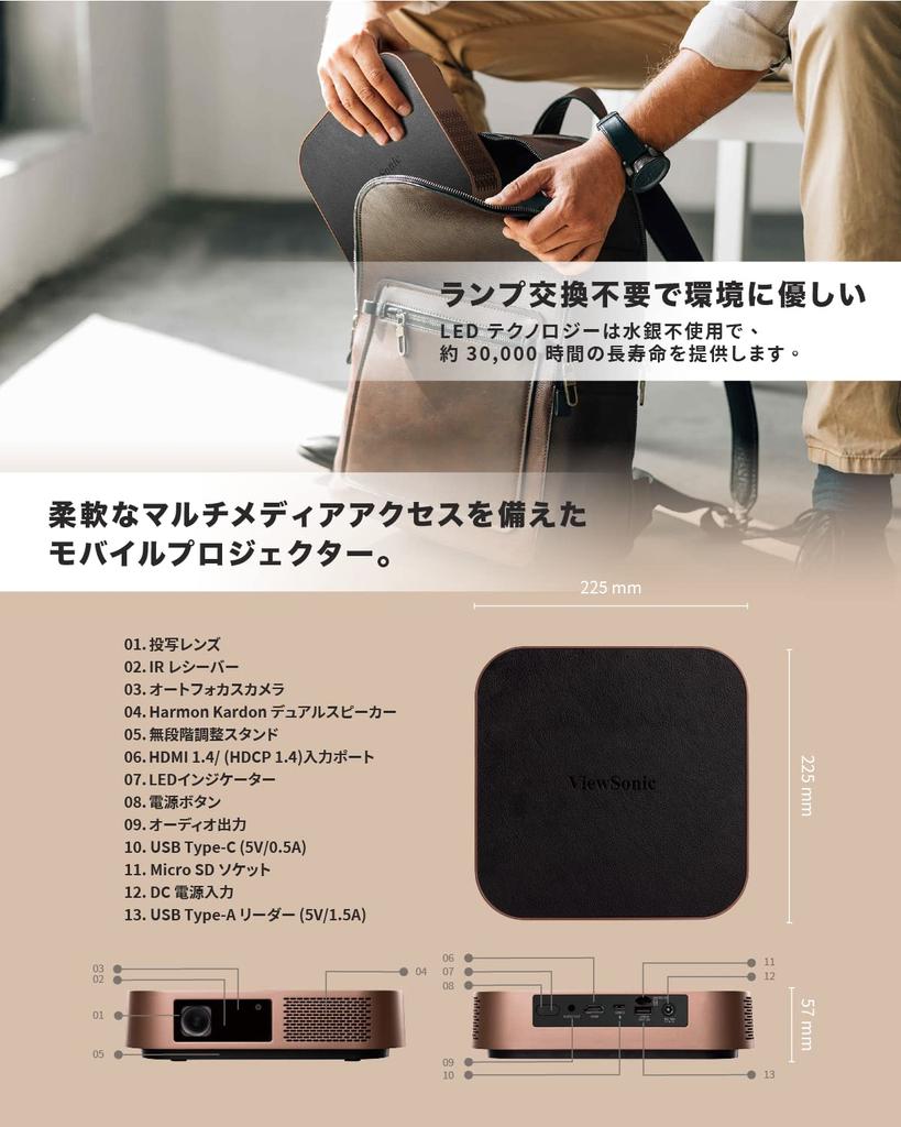 Светодиодный домашний проектор ViewSonic M2W Яркость 700 ANSI люменов WXGA Автофокус Автоматическая коррекция трапецеидальных искажений Динамик Harman Kardon HDMI USB Bluetooth