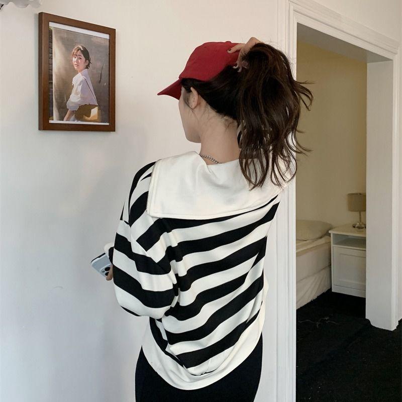 Повседневная полосатая толстовка с темно-синим воротником, женская осенняя корейская версия, дизайнерская свободная пуловерная рубашка большого размера с длинным рукавом, оригинальные женские топы
