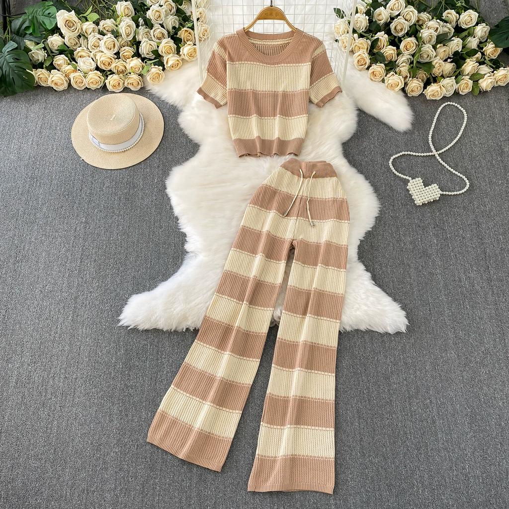 Летний женский шикарный полосатый вязаный свитер и брюки, комплект из двух предметов, пуловер с коротким рукавом и костюм с широкими брюками