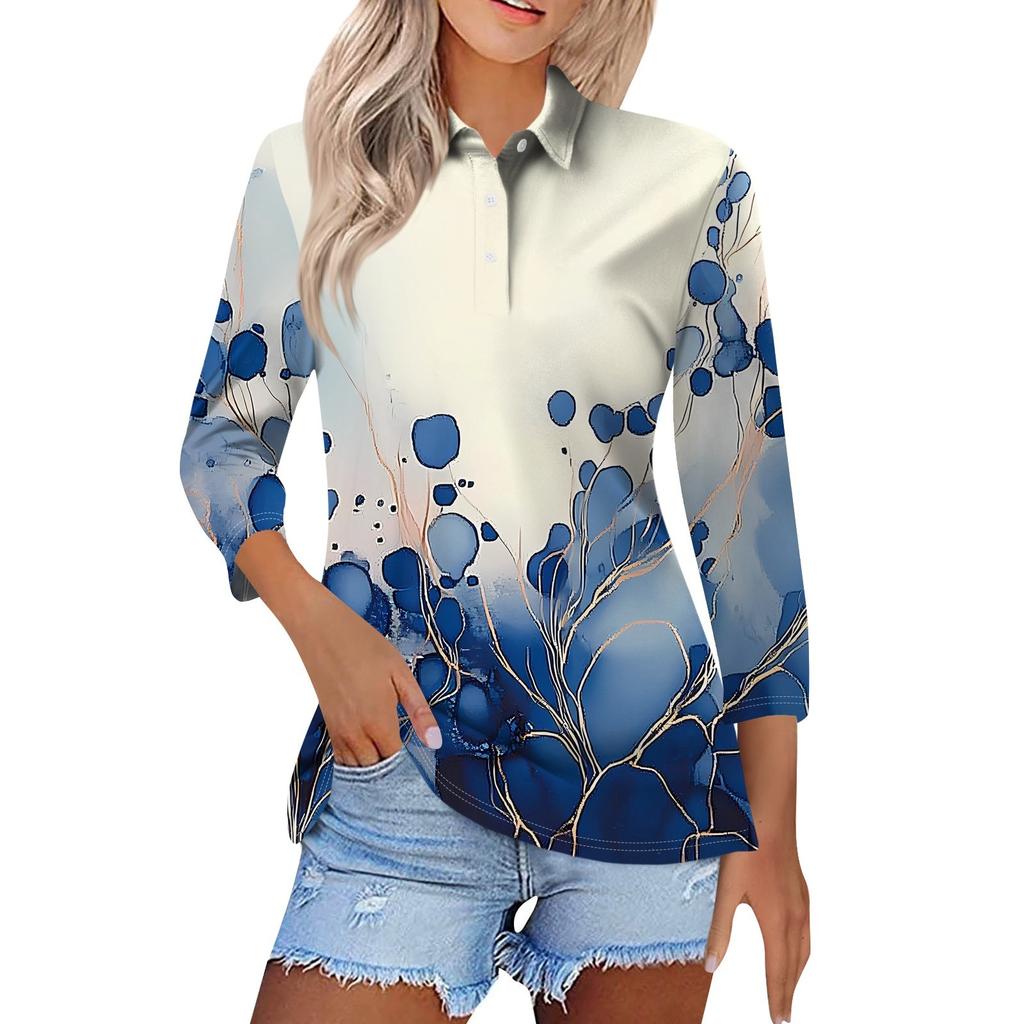 Женская модная повседневная рубашка с короткими рукавами 3/4 с лацканами и принтом, женские топы на пуговицах