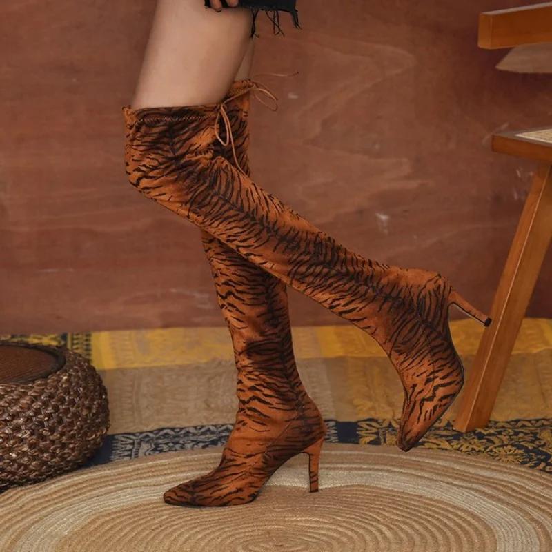 Женские модные сапоги осень-зима леопардовые туфли выше колена каблуки качественные замшевые длинные удобные остроносые сексуальные сапоги эластичные сапоги до бедра