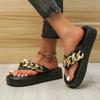 New Plus Size Herringbone Slippers Women Flat Beach Shoes 2024 Summer Vintage Metal Chain Platform Women‘s Flip-Flops Sandals