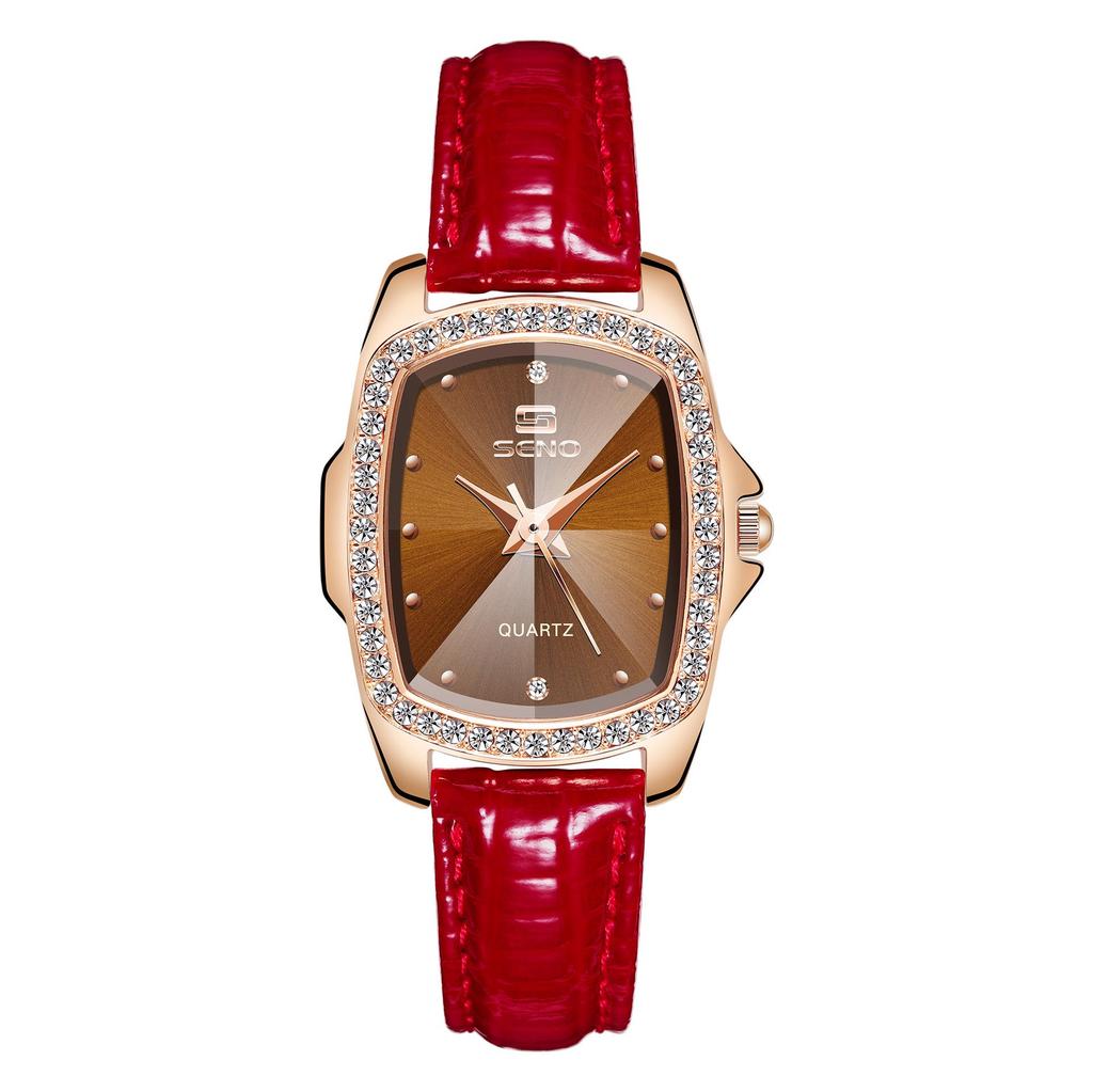 Женские часы SENO Retro Square Diamond с кожаным ремешком - Простой дизайн с кварцевым механизмом и бриллиантами.