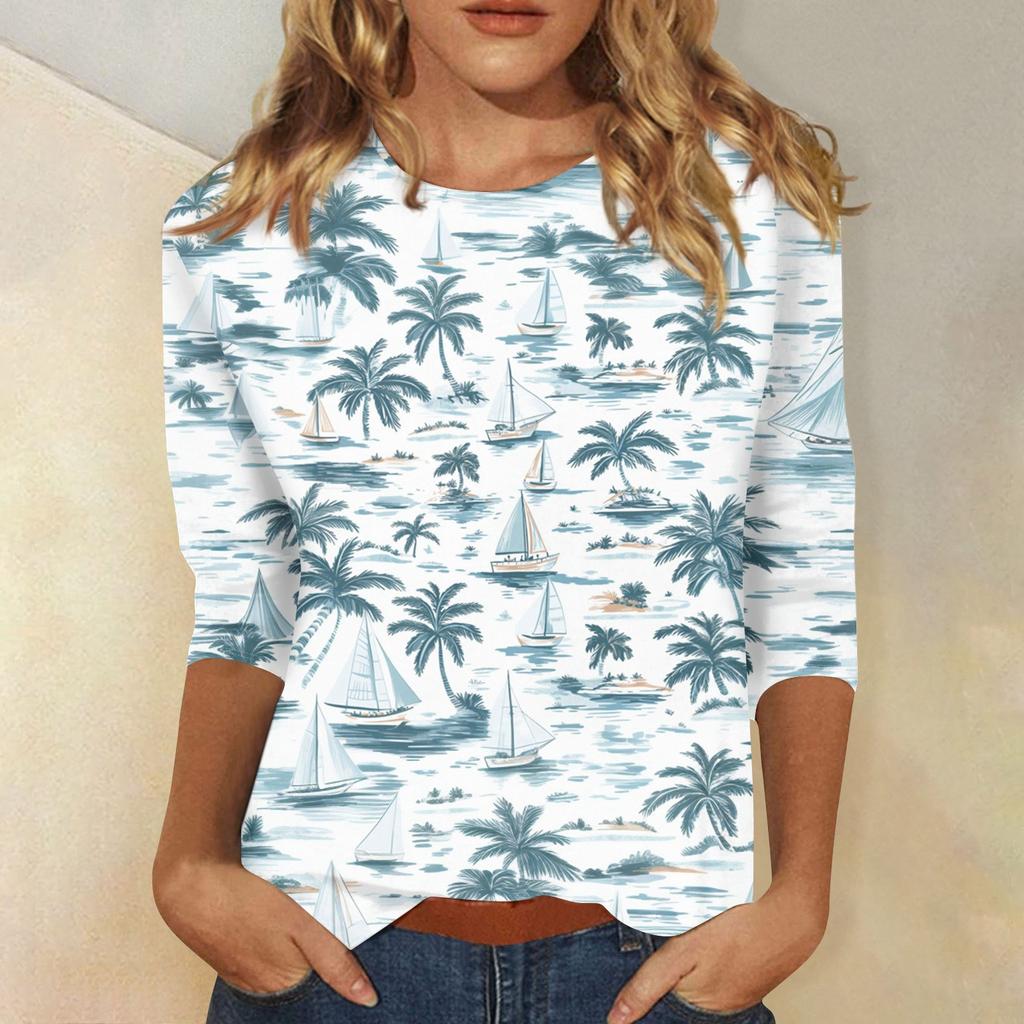 Women's Fashion Casual Round Neck 3/4 Sleeve Printed T-Shirt Ladies Top