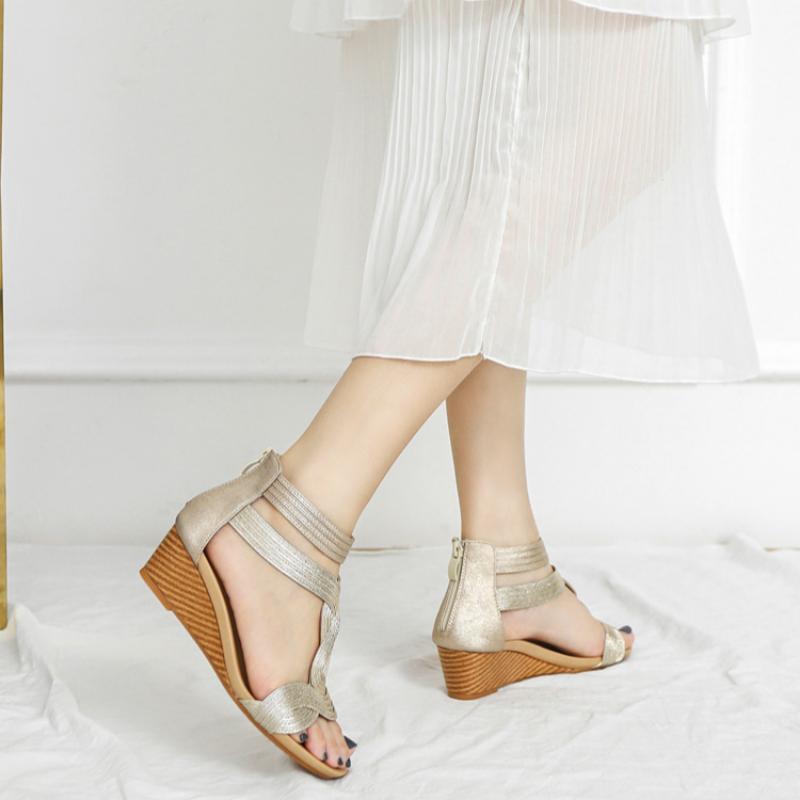 Женские босоножки на танкетке, летние европейские и американские, тонкие римские туфли с молнией сзади