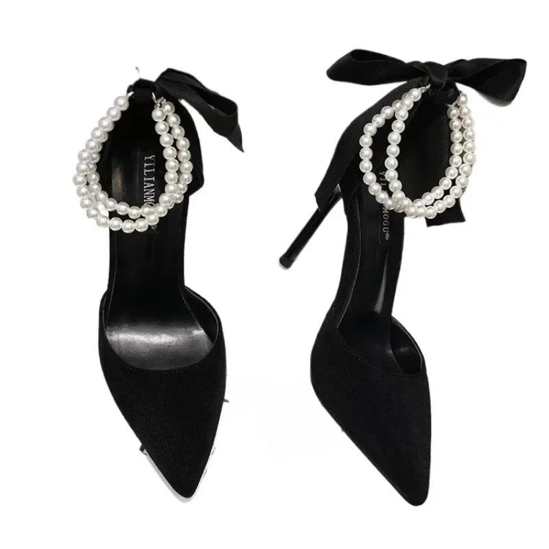 Туфли для женщин, новые весенние женские туфли-лодочки с острым носком, однотонные, с бисером, с пряжкой-бабочкой, с неглубоким горлом, новинка, высокие каблуки