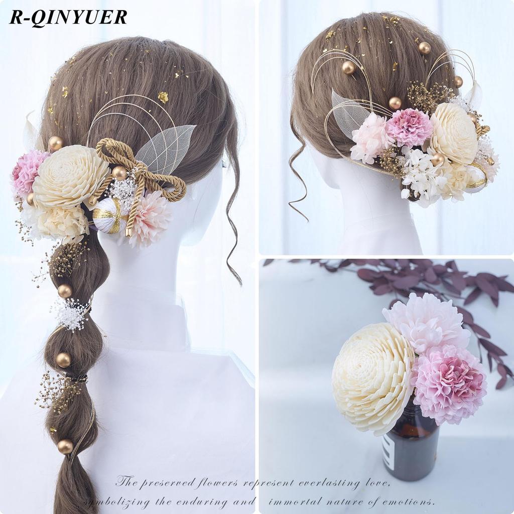 Ceremony Hair Ornaments with Dried Gold Japanese Antique and Breath Fireworks Entrance Gorgeous and 25 Pieces [R-QINYUER] Coming-of-Age Flowers,