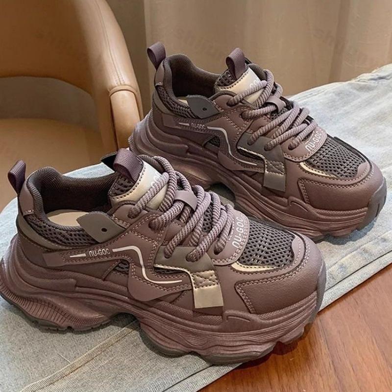 Мода 2025 Весна Новая Женская Обувь Нескользящая Повседневная Обувь Дышащая Сетка Удобные Кроссовки На Шнурках Увеличение Роста Вулканизированная Обувь